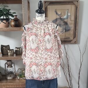 Max Studio Pink Floral Ruffle Mock Neck Sleeveless Blouse